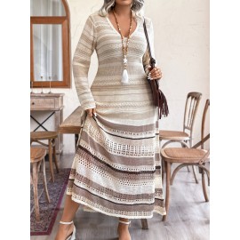 Plus Size - Plus Size - Plus Size - Elegant Plus Size V-Neck Long Sleeve Dress with Color Block Design - Lightweight Breathable Fabric, Ruffled Hem & Layered Skirt