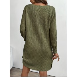 Plus Size, Women's Olive Green V-Neck Collar Sweater Dress with Short Sleeves & Single Button Closure - A-Line Winter Dress for, Office, Semi-Formal Wear - Machine Washable Cozy Outfit