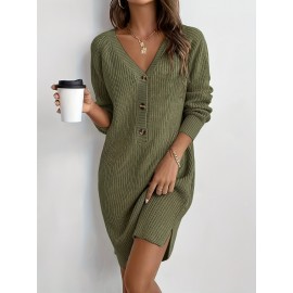 Plus Size, Women's Olive Green V-Neck Collar Sweater Dress with Short Sleeves & Single Button Closure - A-Line Winter Dress for, Office, Semi-Formal Wear - Machine Washable Cozy Outfit