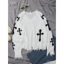 Plus Size Cross Pattern Knit Sweater, Casual Long Sleeve V Neck Raw Hem Top For Fall & Winter, Women's Plus Size Clothing