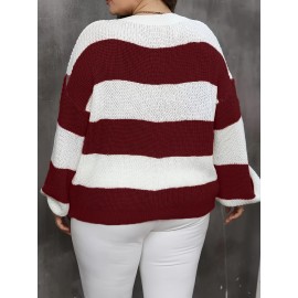 Elegant Color-Block Striped Sweater - Soft 100% Polyester Long Sleeve Pullover with Round Neck, Machine Washable Fall Winter Casual Chic Top