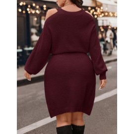 [Elegant Dress] Elegant Plus Size Women's Off-Shoulder Dress | Long Sleeve Round Neck with Waist Tie & Pencil Silhouette, Solid Color Machine Washable Resort Wear for Spring/Fall