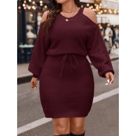 [Elegant Dress] Elegant Plus Size Women's Off-Shoulder Dress | Long Sleeve Round Neck with Waist Tie & Pencil Silhouette, Solid Color Machine Washable Resort Wear for Spring/Fall