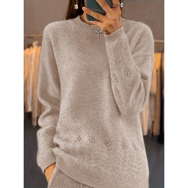 Plus Size, Women's Oversized Elegant Sweater - Winter Warm Round Neck Long Sleeve Cable- Texture Sweater for Fall & Winter, Cozy Casual to Formal Outfits, Plus Size Available (Hand Washable) - Versatile Everyday & Special Occasion Sweater