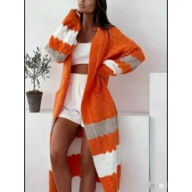 Women'S Elegant Striped Cardigan - Fashionable Off-the-Shoulder Long Sleeve, Deep V-Neck, Large Size, Spring/Fall, Pocket, Casual Wear|Vneck Cardigan|Stretchy Fabric