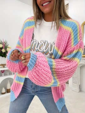 Plus Size, Rice Leaf Selection Fresh Youthful Cardigan for Women, Loose Thick-Needle Color Striped Patchwork Lantern Sleeve Open Collar Casual Sweater Jacket, Autumn Layering Piece, Winter Cozy Wear, Soft Texture