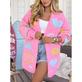 Plus Size - Women'S Pink Heart Pattern Cardigan - V-Neck, Long Sleeve, Mid-Length Open Front Sweater for Fall/Winter, Casual Style with White Top and Jeans, Cardigan Sweater