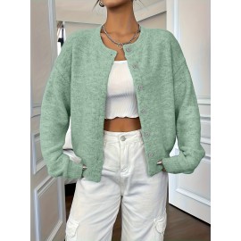 Plus Size - Plus Size - Women'S Elegant Solid Color Long Sleeve Cardigan - Soft Stretchy Button-Front Open Front Sweater, Round Neck Fall/Winter Coat for Casual & Formal Outfits, Cardigan Sweater, Winter Clothing, Stylish Knitwear, Office Wear