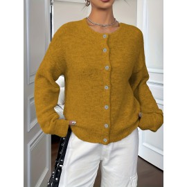 Plus Size - Plus Size - Women'S Elegant Solid Color Long Sleeve Cardigan - Soft Stretchy Button-Front Open Front Sweater, Round Neck Fall/Winter Coat for Casual & Formal Outfits, Cardigan Sweater, Winter Clothing, Stylish Knitwear, Office Wear