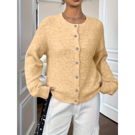 Plus Size - Plus Size - Women'S Elegant Solid Color Long Sleeve Cardigan - Soft Stretchy Button-Front Open Front Sweater, Round Neck Fall/Winter Coat for Casual & Formal Outfits, Cardigan Sweater, Winter Clothing, Stylish Knitwear, Office Wear