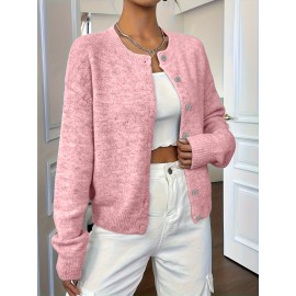 Plus Size - Plus Size - Women'S Elegant Solid Color Long Sleeve Cardigan - Soft Stretchy Button-Front Open Front Sweater, Round Neck Fall/Winter Coat for Casual & Formal Outfits, Cardigan Sweater, Winter Clothing, Stylish Knitwear, Office Wear