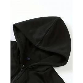 Monogram Print Polyester Hoodie, Casual Zip Sweatshirt with Pockets, Alphabet Pattern, Knit Fabric, Comfortable Fit, Fall/Winter Young Style Hooded Jacket, 250g/m² Fabric Weight