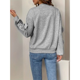 Women'S Casual Pullover Long Sleeve Sweatshirt with Decorative Bows - Soft Gray Loose Fit Crew Neck Top for Spring & Fall, Perfect for Casual Attire, Relaxed Fit Top | Bow Embellished Top | Comfortable Fit