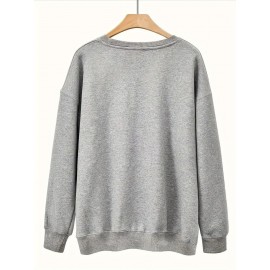 Women's Red joyful Face & Smile Letter Print Sweatshirt - Soft Machine-Washable Polyester Crew Neck Long Sleeve Casual Pullover for Fall Winter, Cozy Everyday Lounge Wear, Comfortable Fit