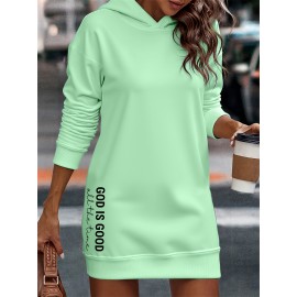 Women's Light Green Hooded Sweatshirt Dress with Inspirational 