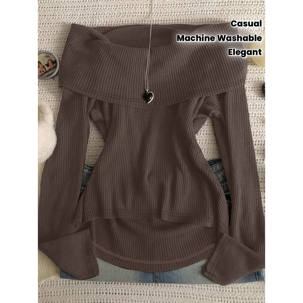 Women's Elegant Asymmetrical hem long Sleeve T-Shirt - Chic Brown Tops for Casual & Formal Outfits - Machine Washable Everyday Women's Fashion Blouse, Office Attire, Modern Style, Medium Stretch, Stylish Shirt, Office Women