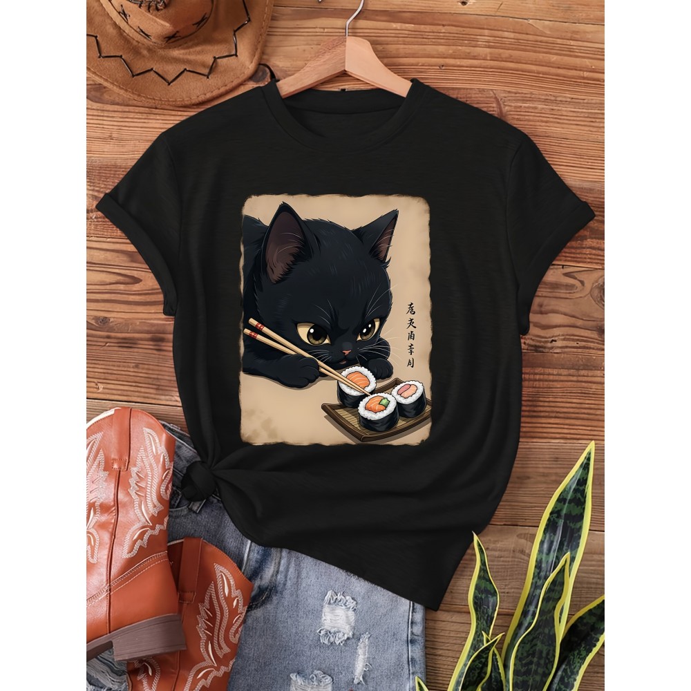 Kawaii Cat Eating Sushi print t-shirt, short sleeve crew neck casual top for summer & spring, Women's clothing