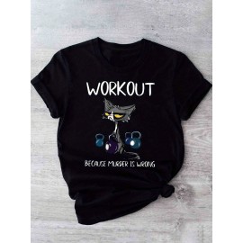 [Humorous Workout T-Shirt] 1pc Women's Casual Short Sleeve T-Shirt | Soft, Lightweight, Humorous Cat & Dumbbell Graphic Print, 