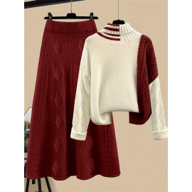 Plus Size, Women's Two-Piece Set, Fashionable and Elegant Long Sleeve Pullover with Skirt in Color Block Design for Autumn/ Winter