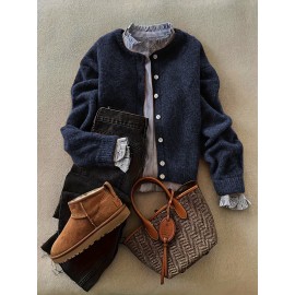 [Fall Winter Apparel] Plus Size Women's Elegant Cardigan | Chic Solid Color Open Front Button-Up Sweater with Ribbed Cuffs, Long Sleeves, and Button Details for Fall/Winter Casual or Office Wear, Versatile Layering Piece