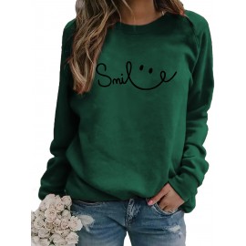 Women's Red joyful Face & Smile Letter Print Sweatshirt - Soft Machine-Washable Polyester Crew Neck Long Sleeve Casual Pullover for Fall Winter, Cozy Everyday Lounge Wear, Comfortable Fit