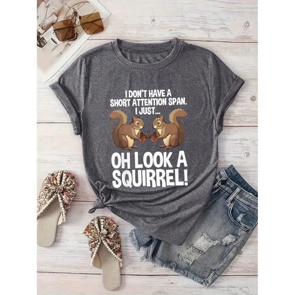 [Playful Squirrel Graphic Tee] Playful Print Top | Women's Casual 
